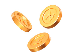 3d flying golden Nigerian Naira coins with different angles. Stock vector illustration on isolated background.