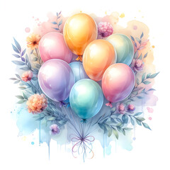 Colorful balloons and flowers creating a festive watercolor bouquet