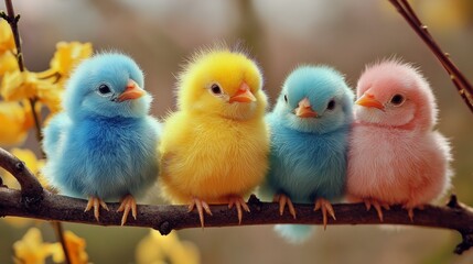 Naklejka premium Adorable Colorful Baby Birds on a Branch