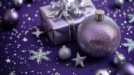 Festive purple and silver Christmas decorations.  Gift, ornaments, and confetti create a beautiful winter scene