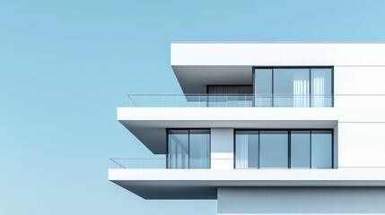 Minimalist white building exterior with balconies against a clear sky