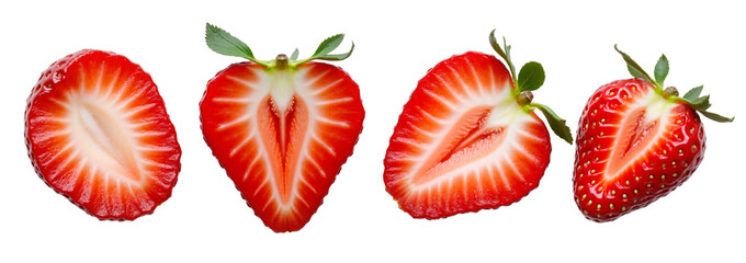 Ripe strawberry cross-sections isolated on transparent background. Perfect for healthy food designs, summer recipes, juice ads, packaging, and vibrant culinary projects.