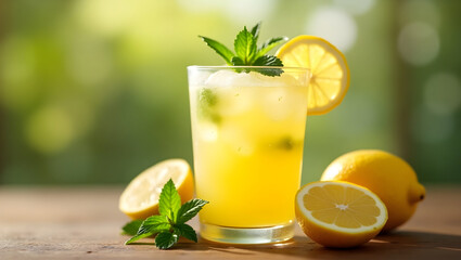 Fototapeta premium Refreshing glass of lemonade with ice and fresh mint on a rustic wooden table