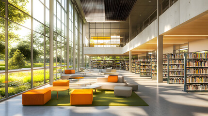 A modern library with solar-powered roofs, energy-efficient lighting, and green surroundings, designed to provide a sustainable and inspiring learning environment.