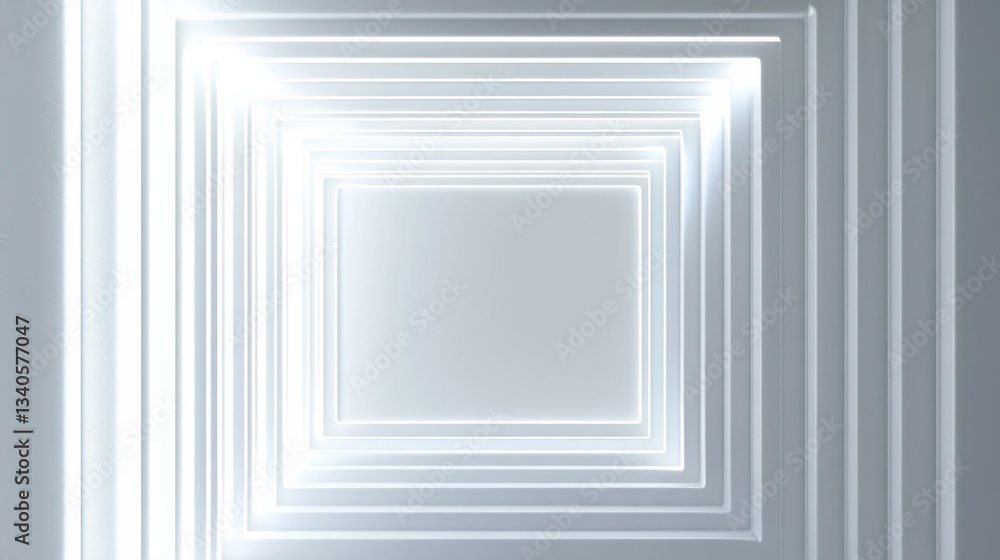 Poster white surface with embossed shape and white illuminated trim. tech background with neon rectangle. 3