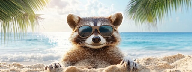 Chill raccoon enjoys a sunny beach day in stylish sunglasses by the waves Generative AI