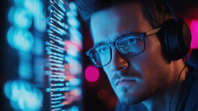 A man in glasses and headphones looks intently at a computer screen filled with code.