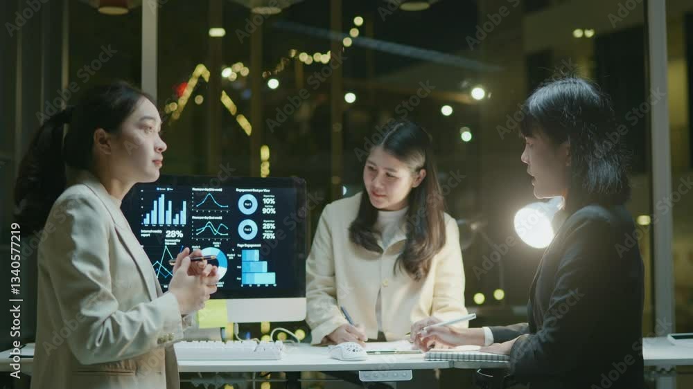 Poster close up of hand teamwork business group are meeting working overtime and brainstorming about busine