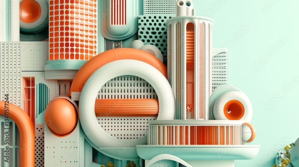 Poster abstract geometrical composition with cylindrical and spherical shapes dominates image