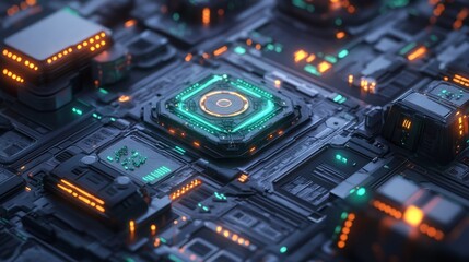 Fototapeta premium Futuristic cityscape with glowing structures and digital pathways, showcasing advanced urban innovation.