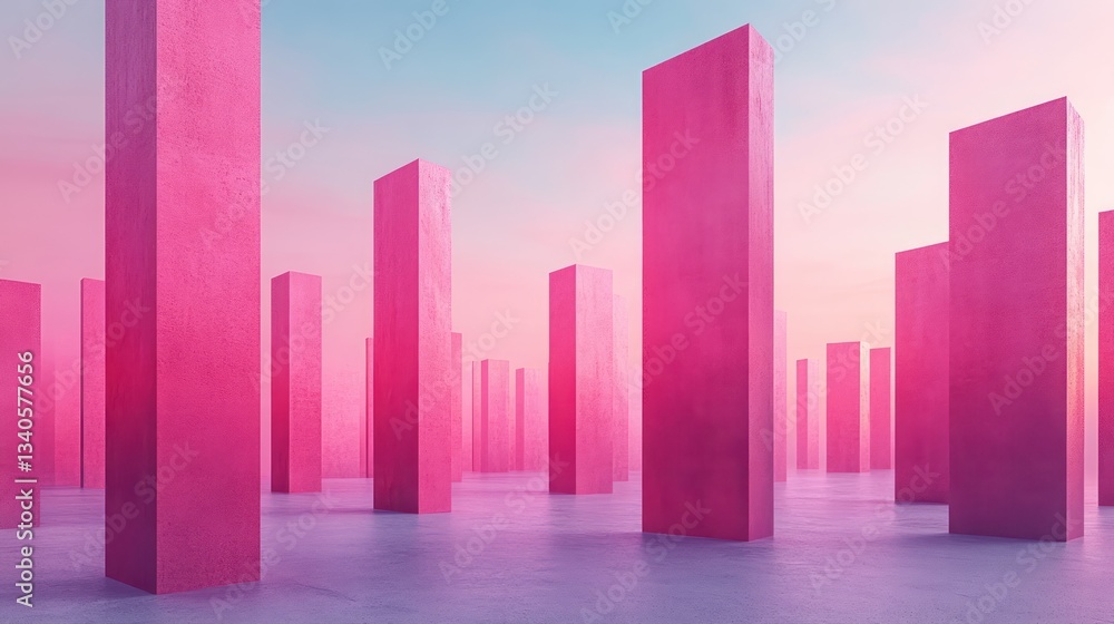 Poster pink rectangular monoliths stand in a vast open space