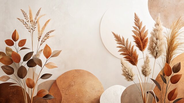 Panoramic Abstract Plant Design, Earthy Tones, White Background Stock Photo