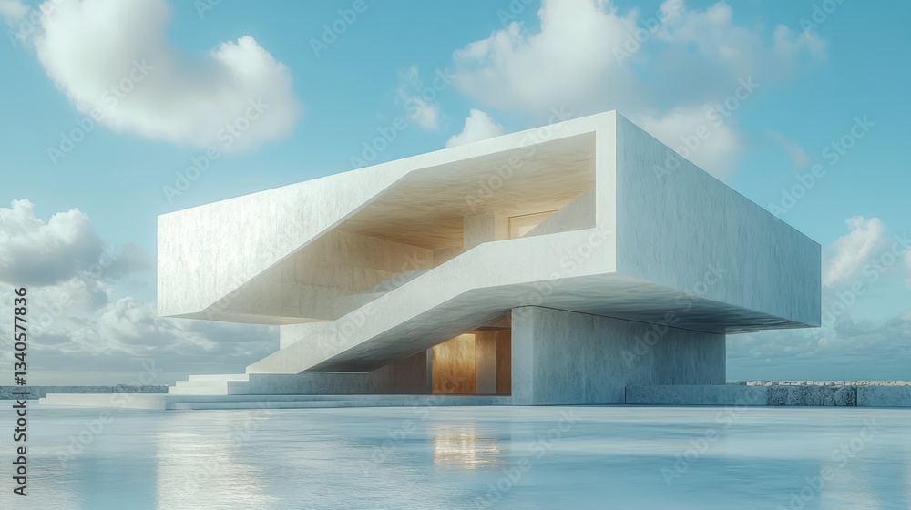 Poster modern concrete house with angular staircase beneath a cloudy sky