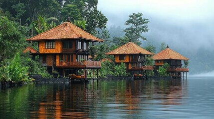 Fototapeta premium Serene Lake Houses: Tranquil Getaway in Lush Greenery
