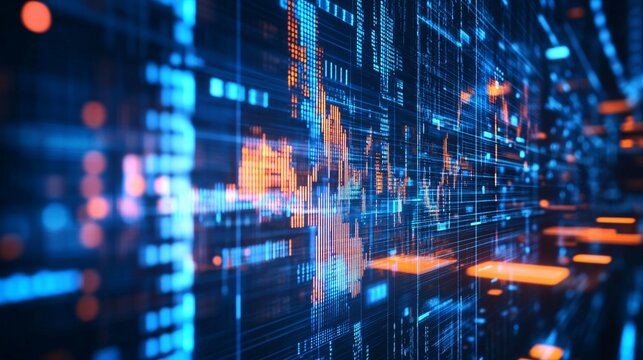 Digital data visualizations display information with lines and colored components