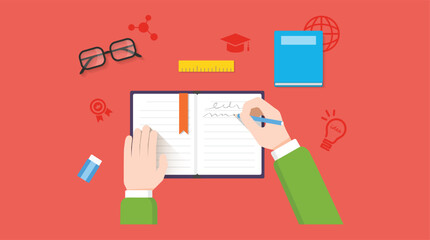 Flat learning study reading writing background, infographic template, website, homepage, visual, vector icon