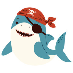 Children's illustration in simple vector style. Cute shark in pirate bandana and eye patch on white background . Vector illustration