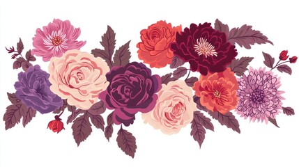 Elegant floral arrangement with various roses, dahlias, and other blossoms in rich autumnal colors