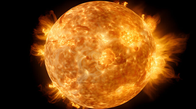 Bright and shining sun radiating energy in space signifying the goldilocks zone with a habitable planet orbiting a star nearby.
