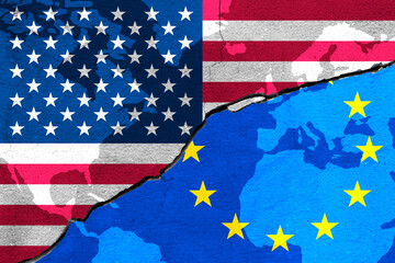 US (UNITED STATES) VS EU (EUROPEAN UNION) - Trade war and politics conflicts concept - Concept with flags painted on cracked wall