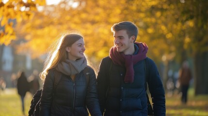 Fototapeta premium Young couple shares a joyful moment in a city park, embodying connection and happiness.