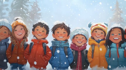 Fototapeta premium A group of smiling children in winter wear stand in a line, with snow falling around them. illustration