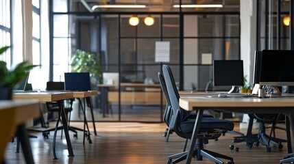 Modern office space with desks chairs and large glass windows
