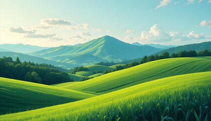 Fototapeta premium Abstract Green Summer landscape background vector. Nature wallpaper of green field on mountain, f