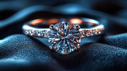 Diamond Ring on Dark Blue Silk: A Luxurious Sparkle
