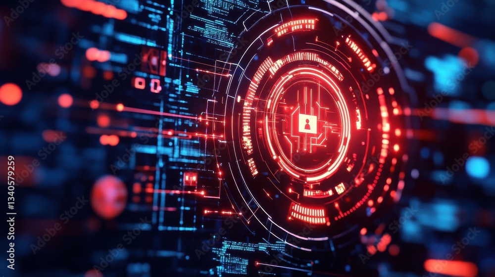 Poster futuristic digital security system with glowing red circular interface neutralizing cyber threat in 