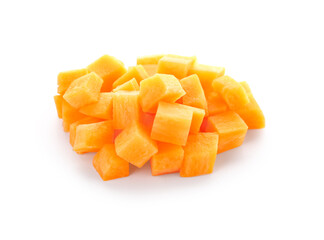 Pieces of fresh carrots on white background