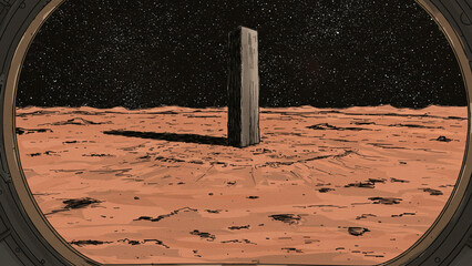 A grand monolith standing over mars, as seen from a space station window, ominous, sketchy ink illustration