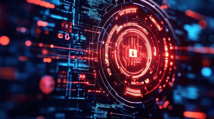 Fototapeta premium Futuristic digital security system with glowing red circular interface neutralizing cyber threat in high tech environment