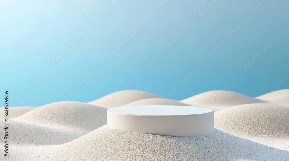 Poster minimalist display platform surrounded by soft sand dunes background