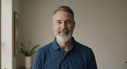Obraz premium Portrait of a Smiling Man in a Blue Shirt in a Bright Room with Plant Decor