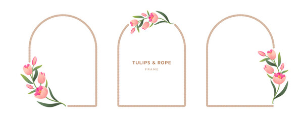 Minimalist tulips and rope frame. Elegant floral arch borders template set for wedding, cards, invitations, prints and more.