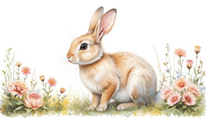 Obraz premium A cute rabbit is sitting in the green grass among the bright flowers. The drawing is made in watercolor, creating an atmosphere of tenderness and harmony with nature.