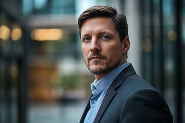 Fototapeta premium Confident Businessman Standing Outside Modern Office Building