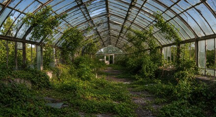 Overgrown Greenhouse Interior with Vines and Broken Glass Structure