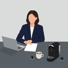 Woman Working at Desk with Coffee - Vector Illustration