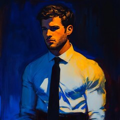 Man dressed formally under colored light.
