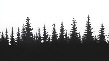 Silhouette, forest landscape, pine trees, coniferous trees, black and white, minimalist, stark contrast, skyline, nature scene, tree line, graphic design, vector art, woodcut style, monochrome illust
