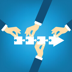 Teamwork working together to success, cooperation or team building collaborate to solve problem, partnership, help and support, business people colleagues help work together to connect jigsaw puzzle.