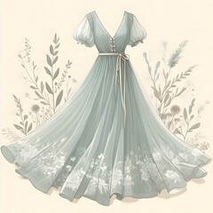 Obraz premium Elegant green dress with floral embroidery and puffed sleeves displayed on a botanical background