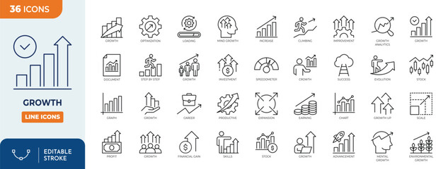 Growth icon set. Containing performance, gain, improvement, grow, chart, increase, evolution, development, and more. Outline Icon Collection. Vector illustration. Editable stroke  © Cetacons
