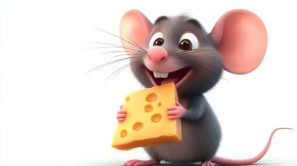 A cute cartoon mouse happily holding a piece of cheese, embodying charm and playfulness in a vibrant, lively setting, white background illustration