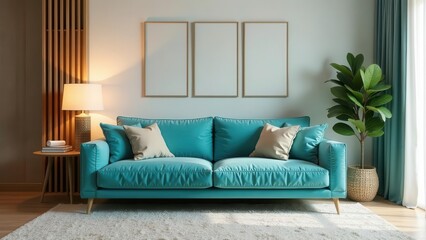 Modern Teal Sofa in a Serene Living Room with Minimalist Decor and Natural Light