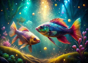Fototapeta premium Panoramic Fantasy Fish: Monochromatic Aquatic Duo in Low-Light Depths
