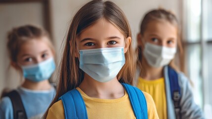 Teacher and children with face mask back at school after covid-19 quarantine and lockdown.