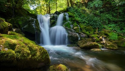 Obraz premium a beautiful and serene waterfall is surrounded by mossy rocks and trees nearby
